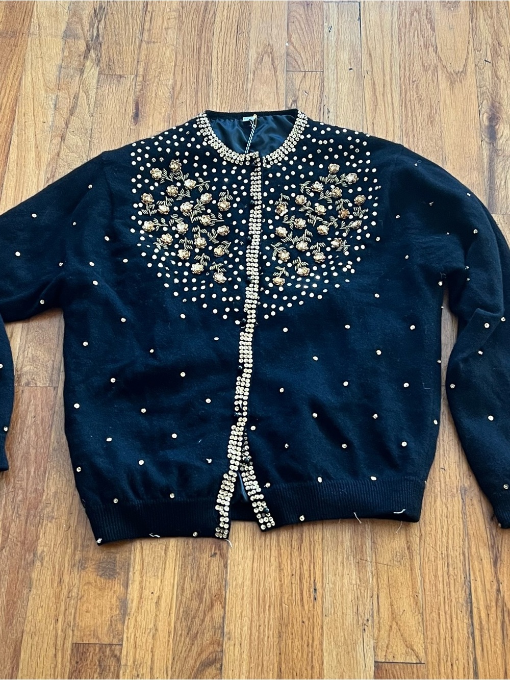 Vintage Black Sweater Cardigan with Gold Bead Embellishment